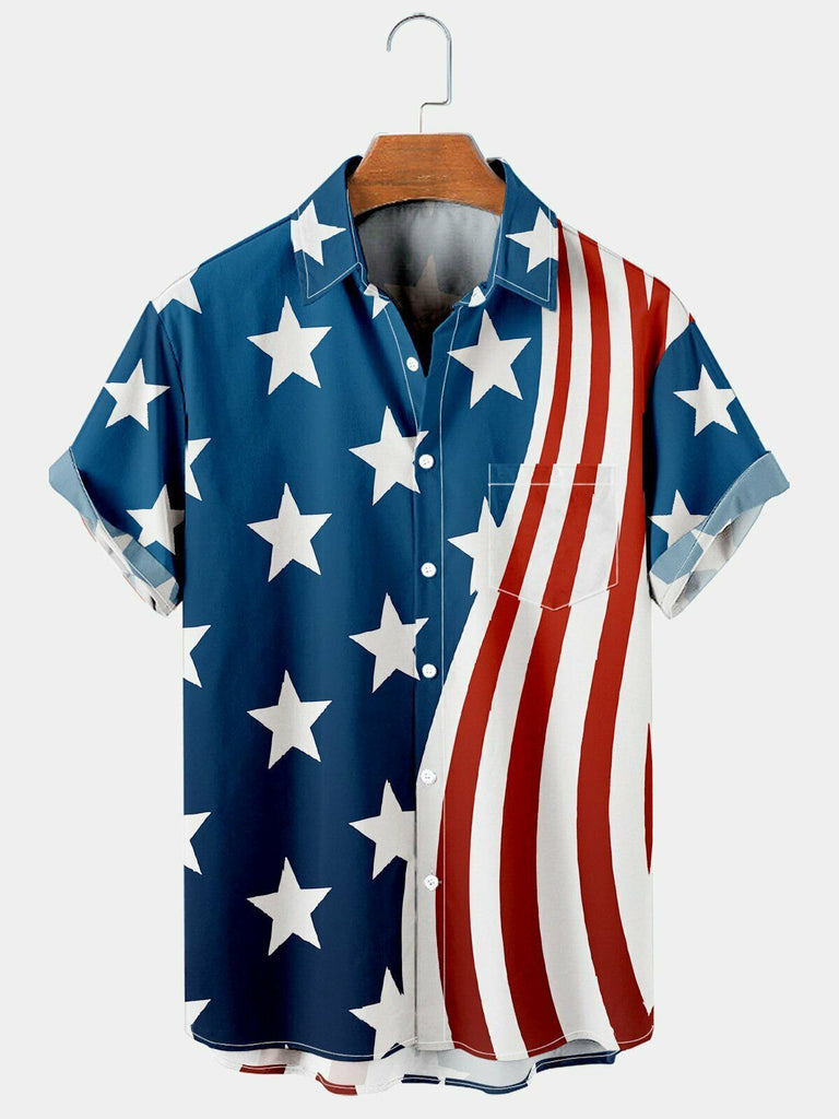 Men's Chic American Flag Front Pocket Short Sleeve Casual Shirt Blue / M