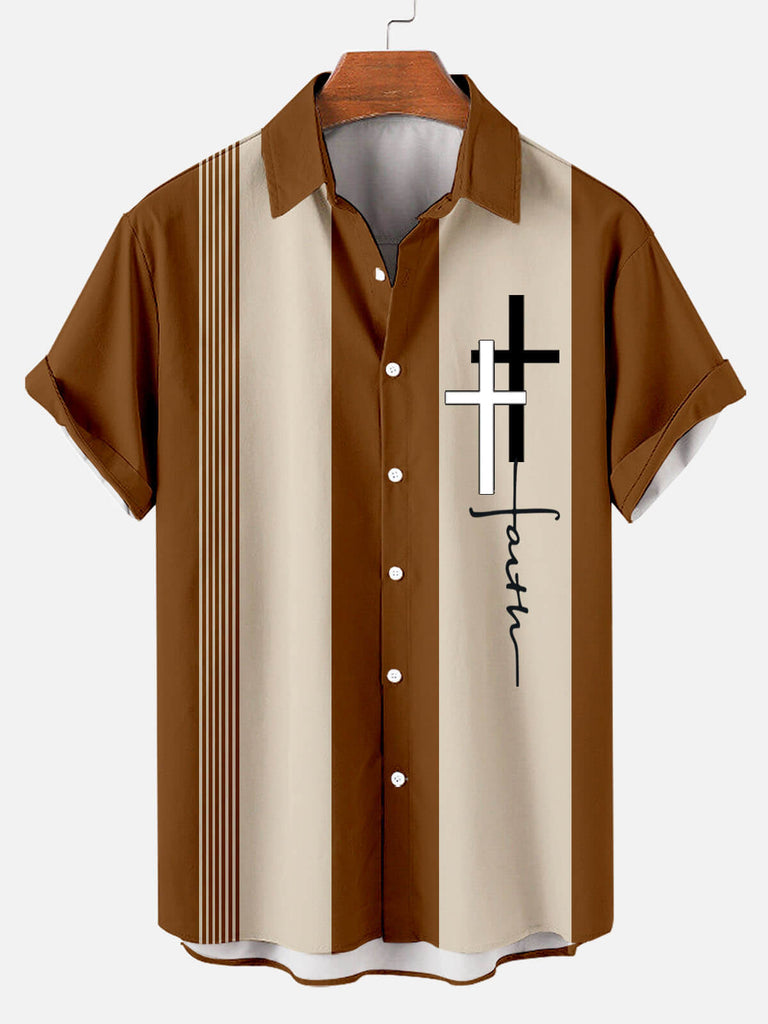 Hawaiian Casual Striped Print Men's Lapel Short-sleeved Shirt Brown / M