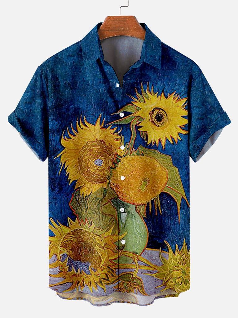 Van Gogh Sunflowers Men's Short Sleeve Shirt Blue / M