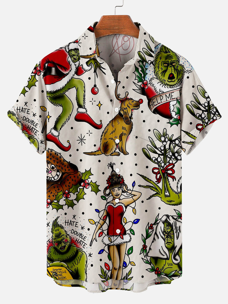 Christmas Grinches Dog Men's Short Sleeve Casual Shirt Beige / M