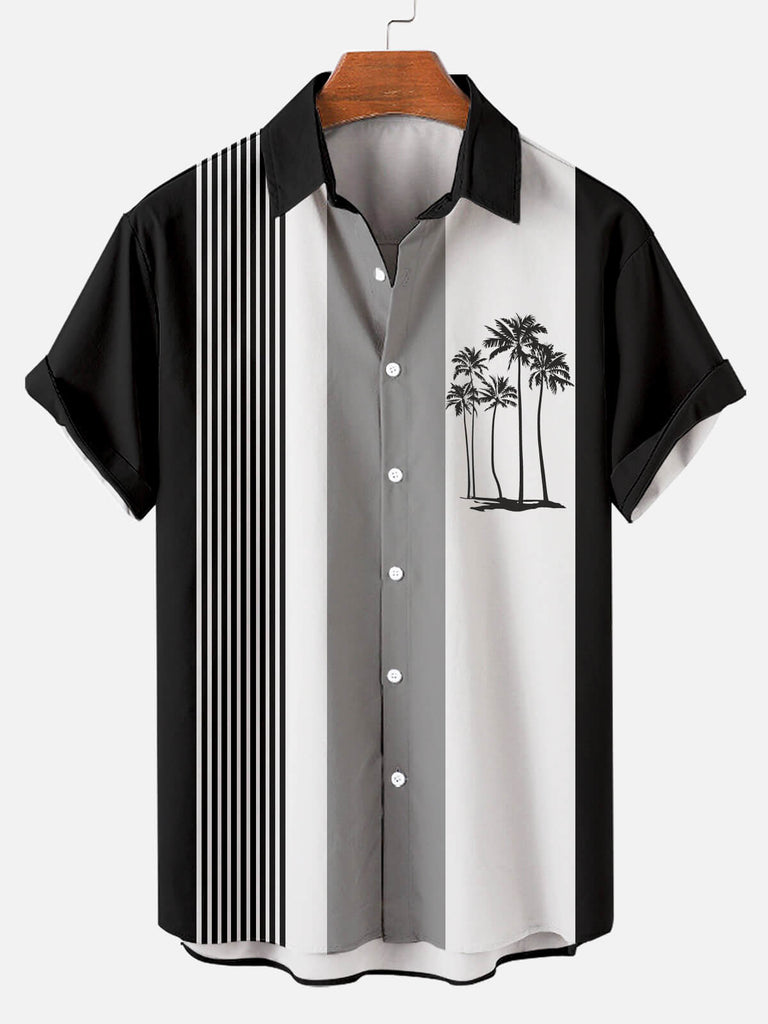 Men's Short-sleeved Lapel Shirt with Hawaiian Palm Stitching Stripe Black / M