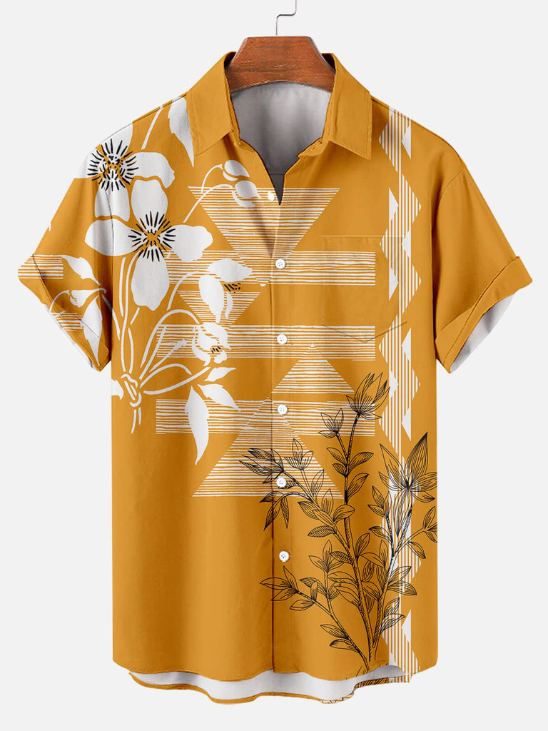 Floral Pattern Mosaic Stripe Print Lapel Men's Short Sleeve Shirt Orange / M