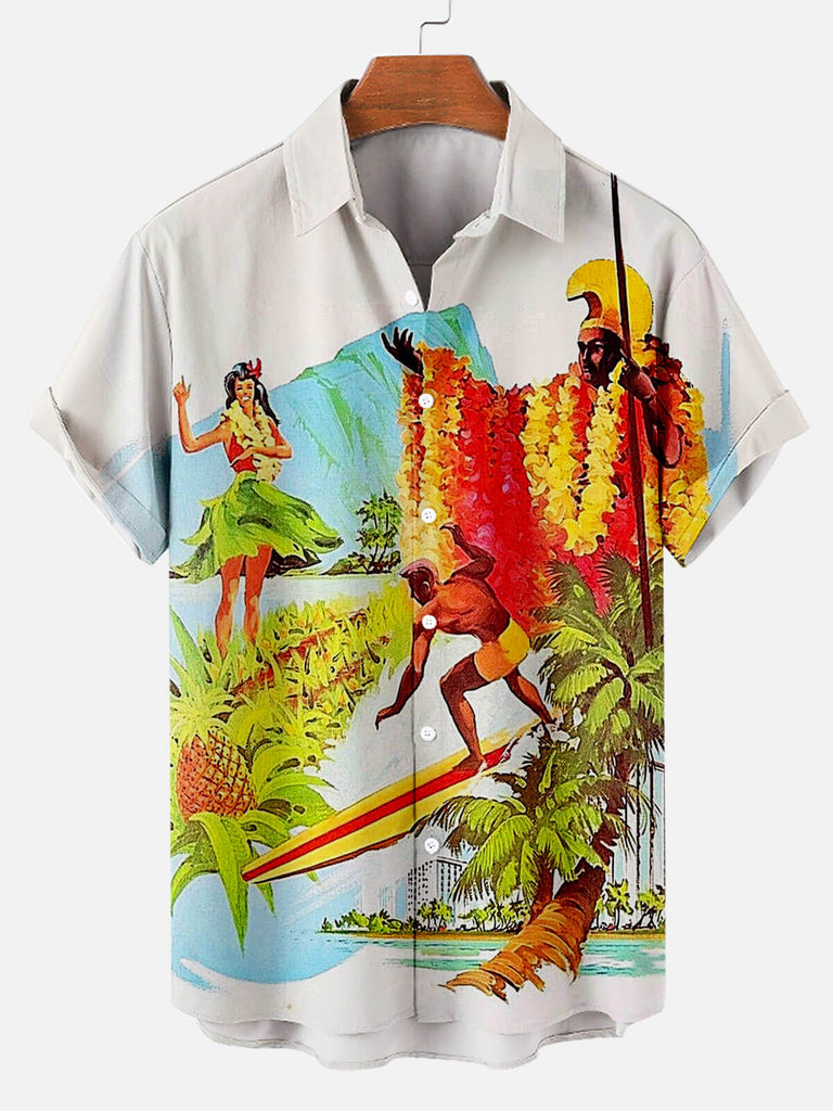 Men's TIKI Tribal Hawaiian Print Short Sleeve Shirt White / M