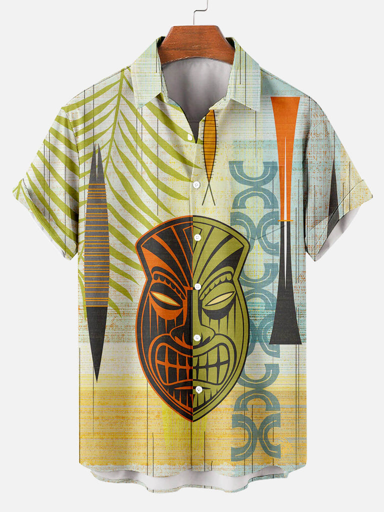 Tiki Tribal Mask Stitching Hawaiian Print Men's Short-sleeved Shirt Beige / M