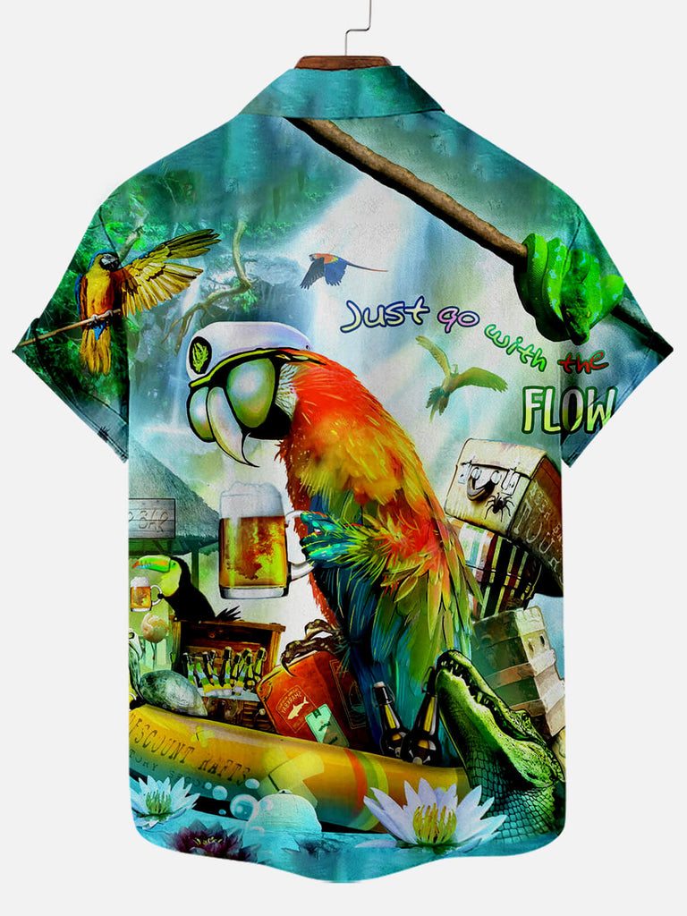 Parrot Beer Hawaiian Print Men's Short Sleeve Lapel Shirt