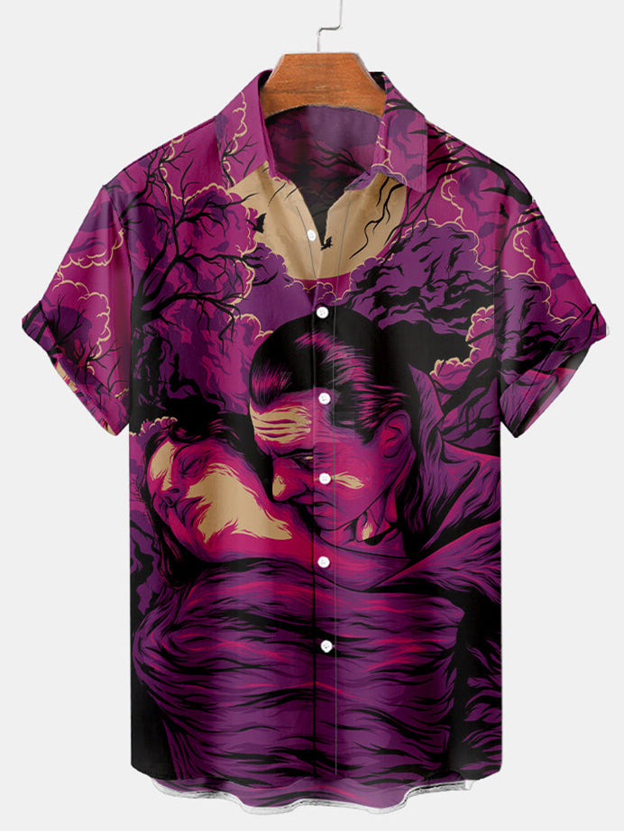Halloween Vampire Print Men's Short Sleeve Shirt Purple / M
