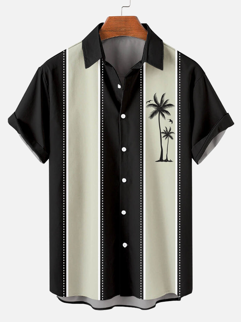 Hawaiian Coconut Stripe Print Men's Short Sleeve Lapel Shirt Black / M