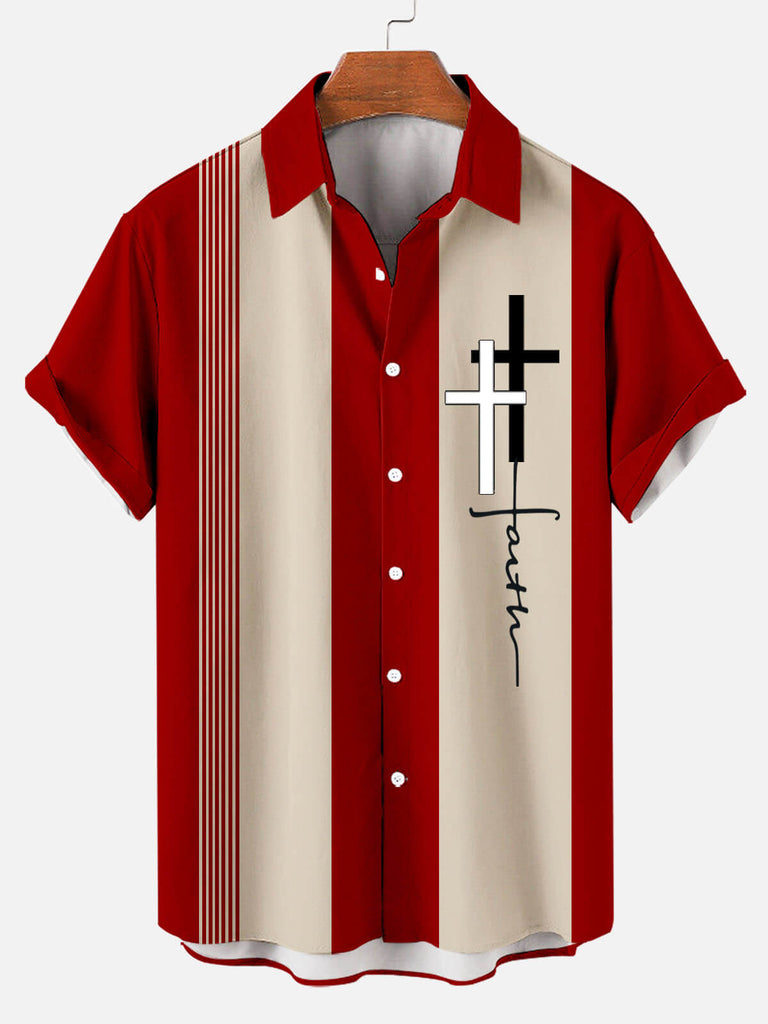 Hawaiian Casual Striped Print Men's Lapel Short-sleeved Shirt Red / M