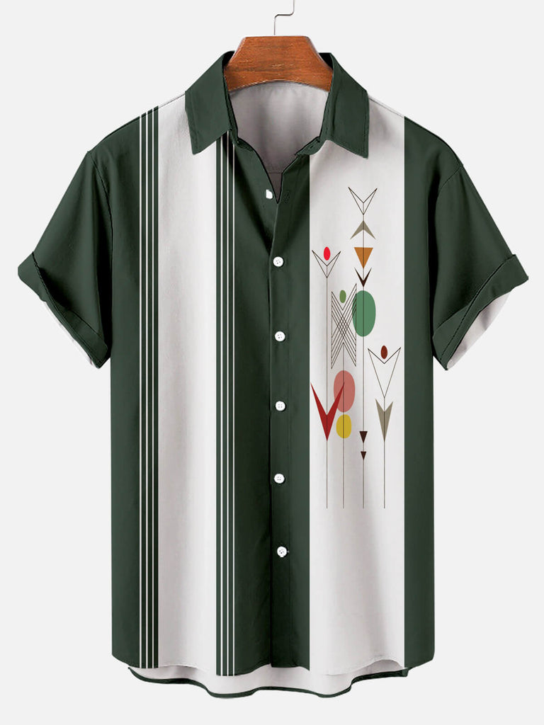 Diamond Pattern Stripe Plain Collar Men's Short Sleeve Shirt Green / M