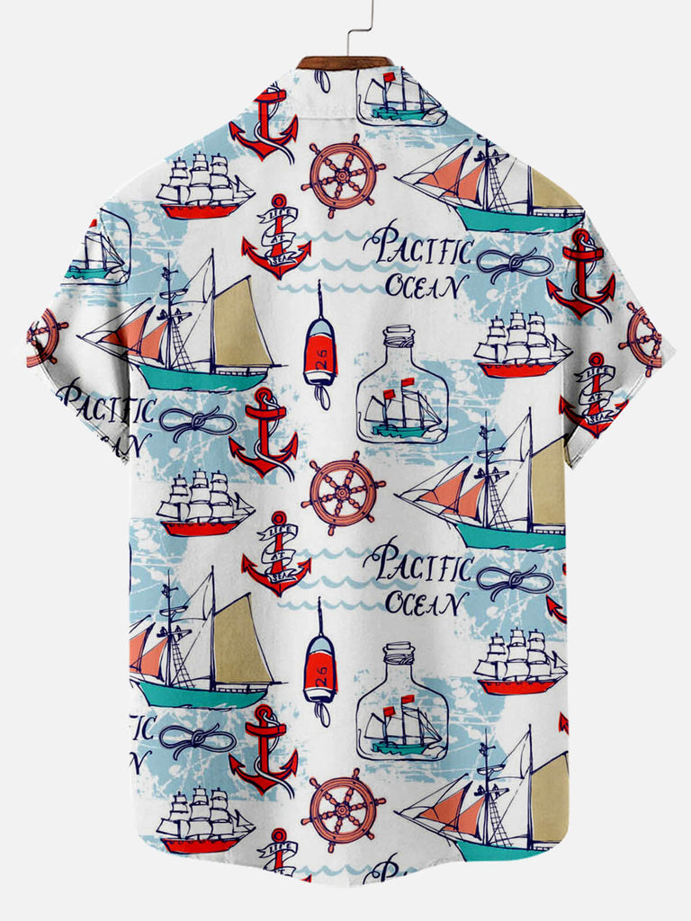 Summer Nautical Sailing Floral Mosaic Print Lapel Men's Short-sleeved Shirt