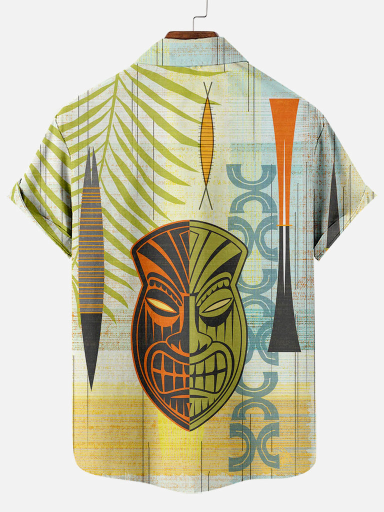 Tiki Tribal Mask Stitching Hawaiian Print Men's Short-sleeved Shirt