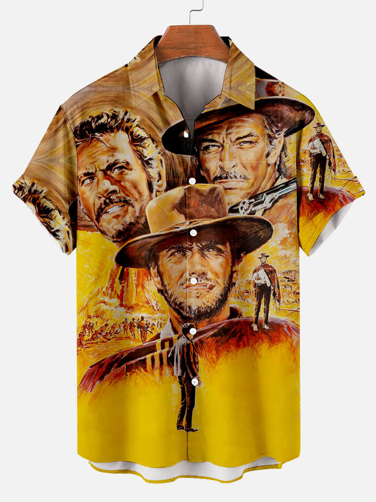Clint Eastwood Color Set Good Bad Ugly Bad Western Movie Poster Print Men's Short Sleeve Shirt Yellow / M