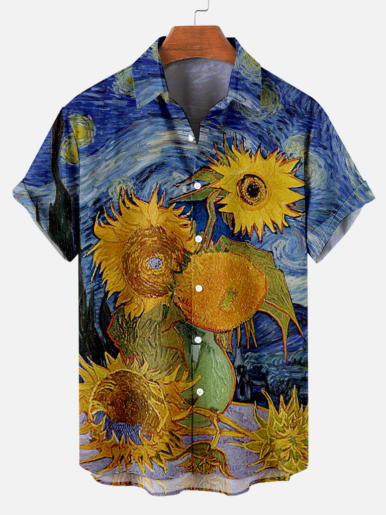 Van Gogh Sunflowers Starry Men's Short Sleeve Shirt Blue / M