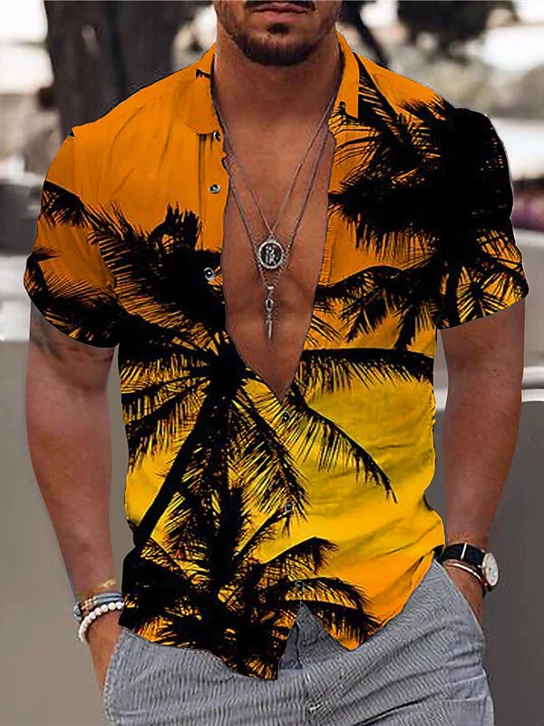 Hawaiian Coconut Tree Sunset Print Men's Lapel Short-sleeved Shirt Orange / M