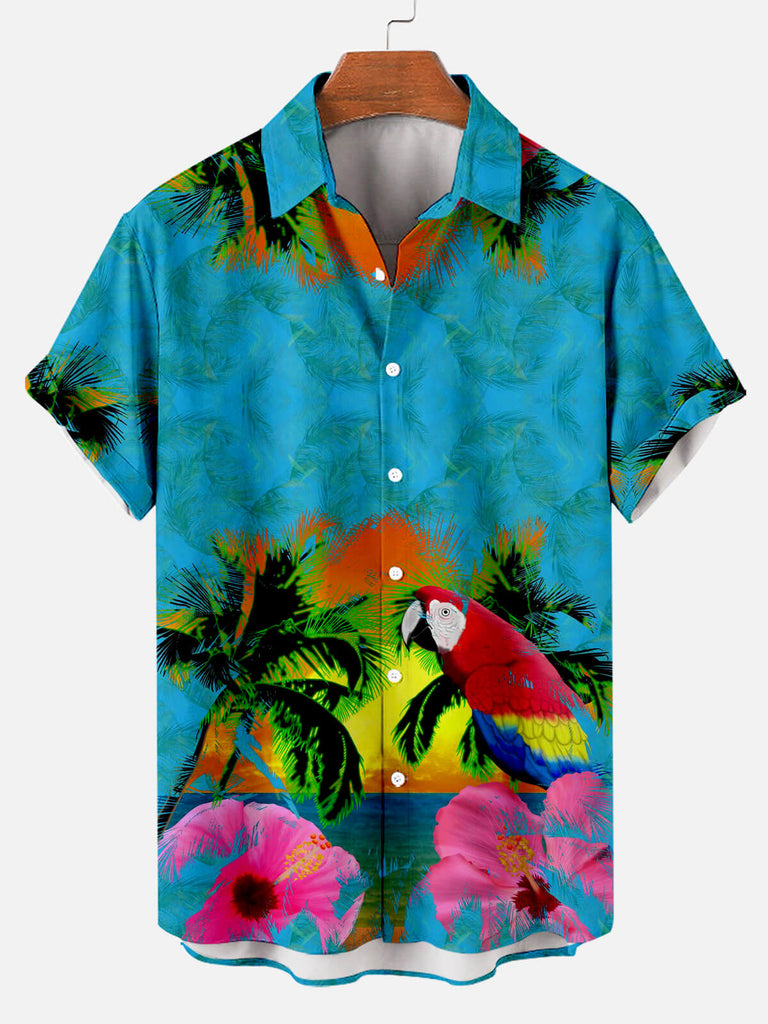 Mens Parrot Print Breathable Hawaiian Shirt Blue / M