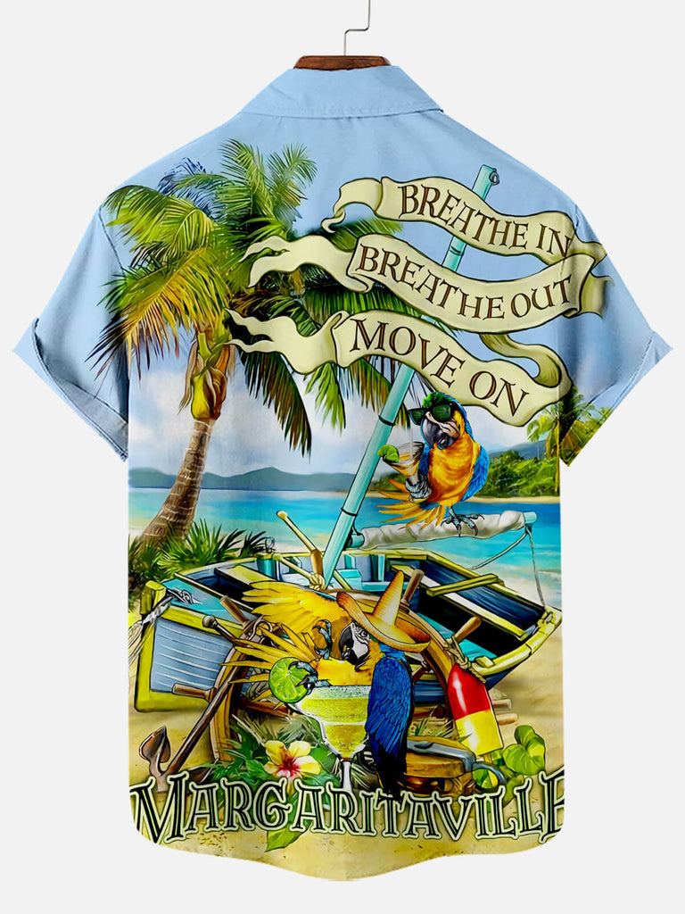 Parrot Wine Glass Hawaiian Beach Stitching Print Men's Short Sleeve Shirt