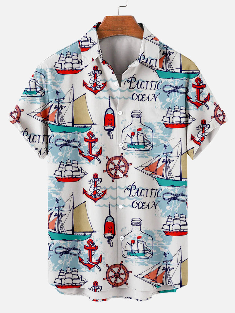 Summer Nautical Sailing Floral Mosaic Print Lapel Men's Short-sleeved Shirt White / M