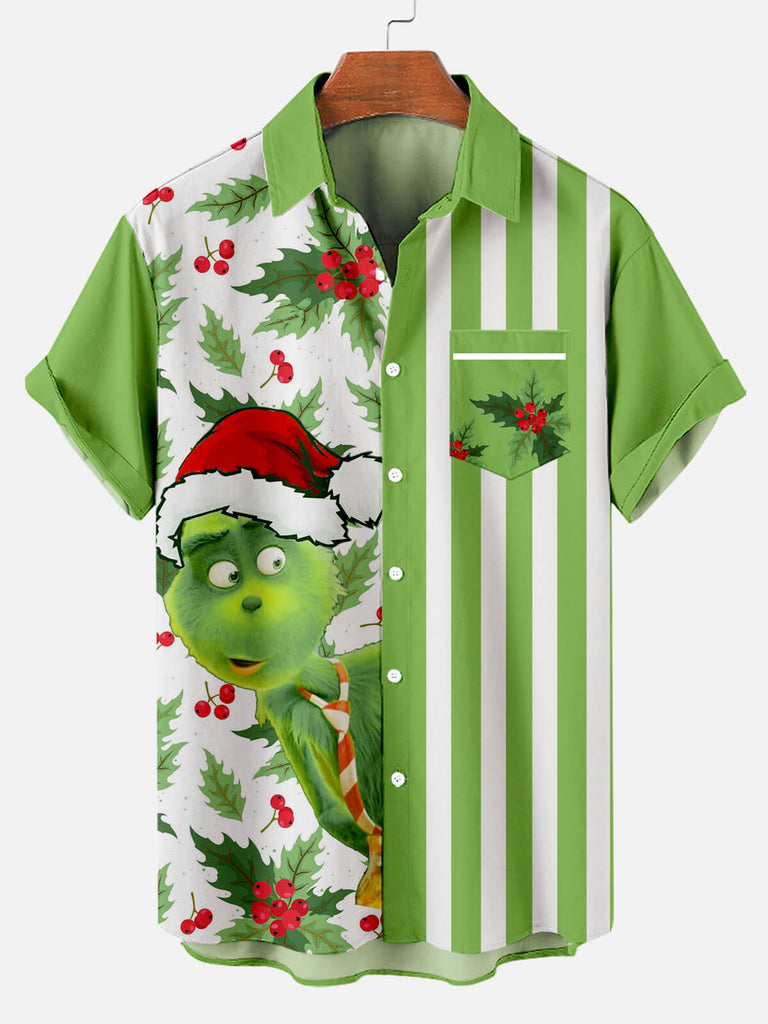 Christmas Big Grinch Print Men's Short Sleeve Casual Shirt Green / M