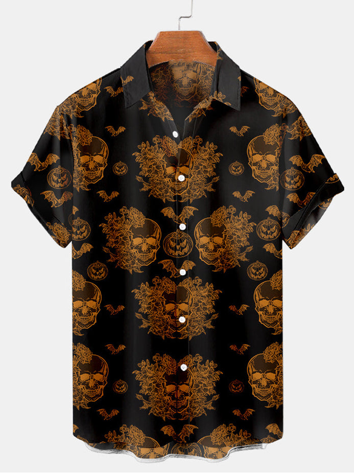 Halloween Skull Print Men's Short Sleeve Shirt Black / M