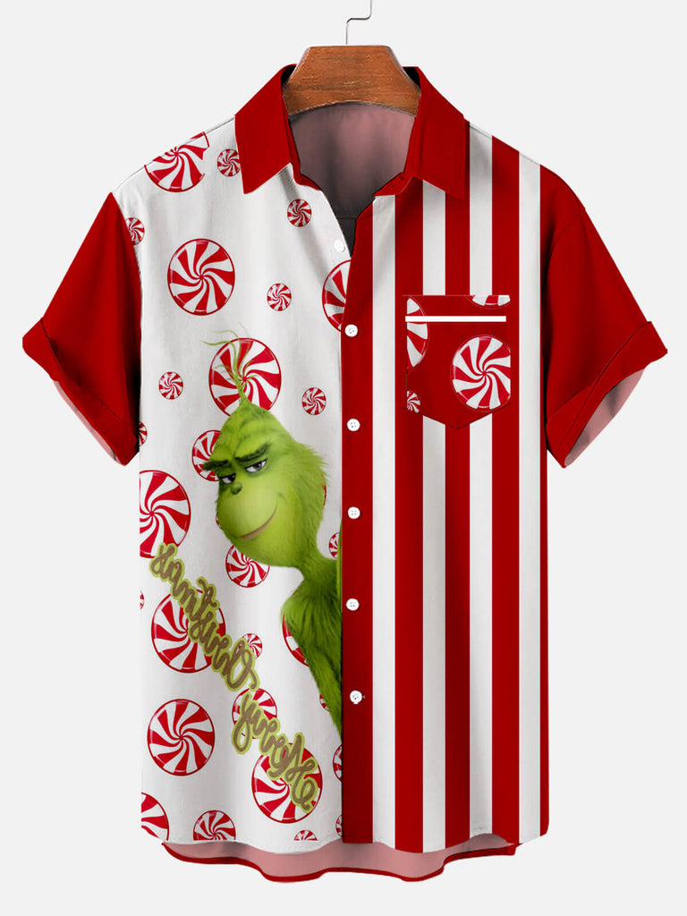 Christmas Grinch Striped Men's Short Sleeve Casual Shirt Red / M
