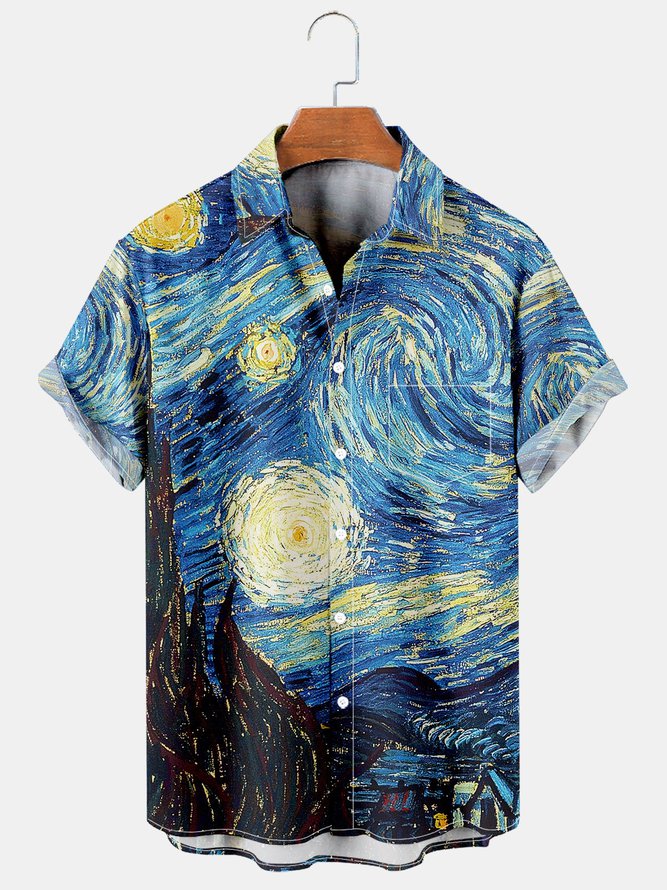 Mens Retro Van Gogh The Starry Night Lapel Loose Short Sleeve Funky Hawaiian Shirts Blue / M