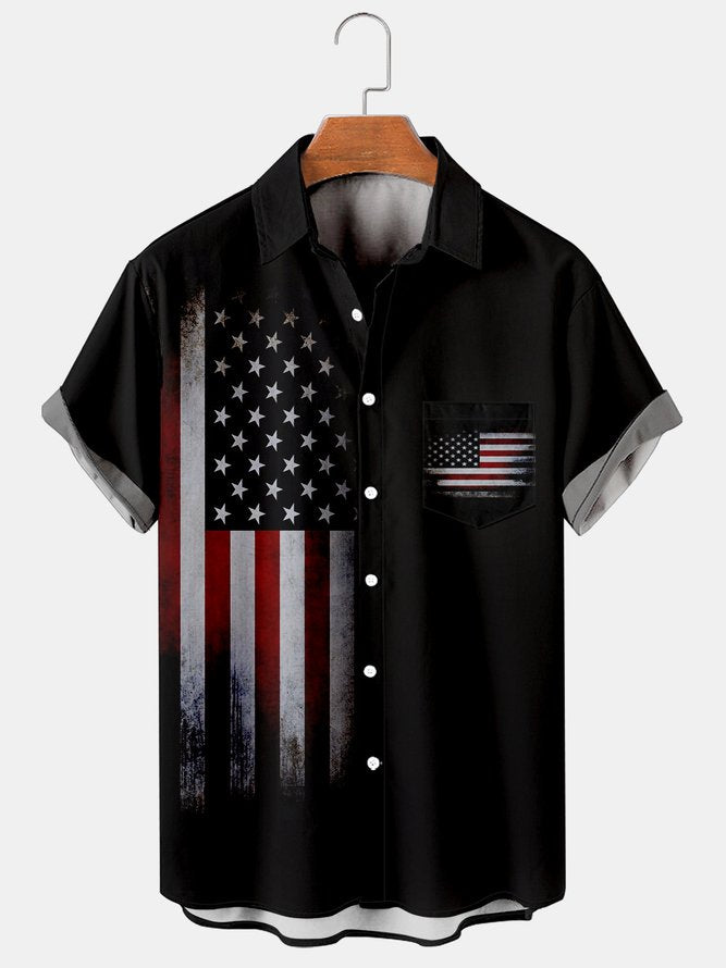 Mens Independence Day Print Casual Breathable Short Sleeve Shirt American Flag Novelty Black / M