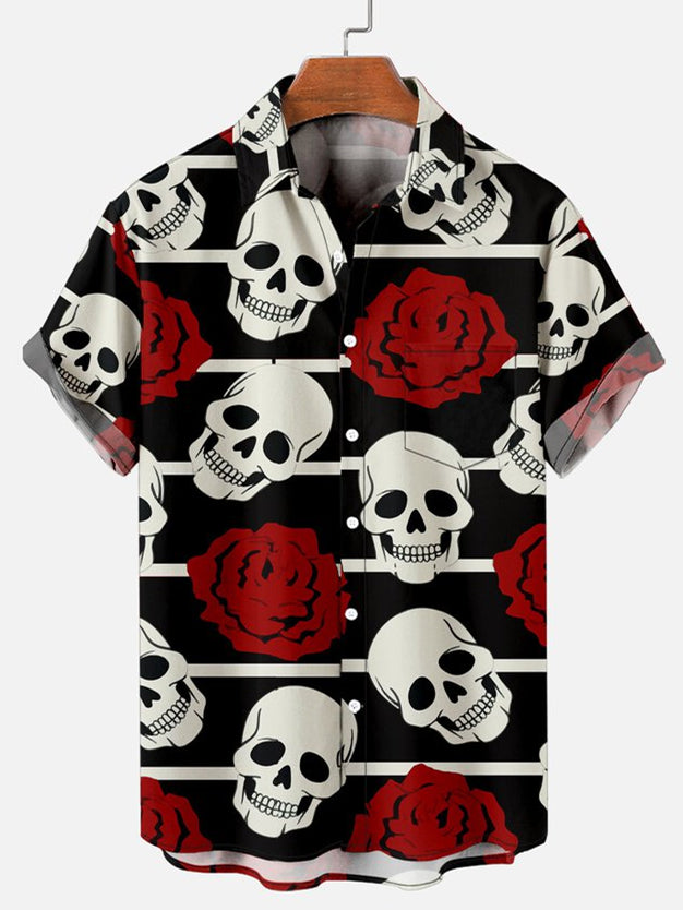 Halloween Rose Skull Men's Short Sleeve Shirt Black / M