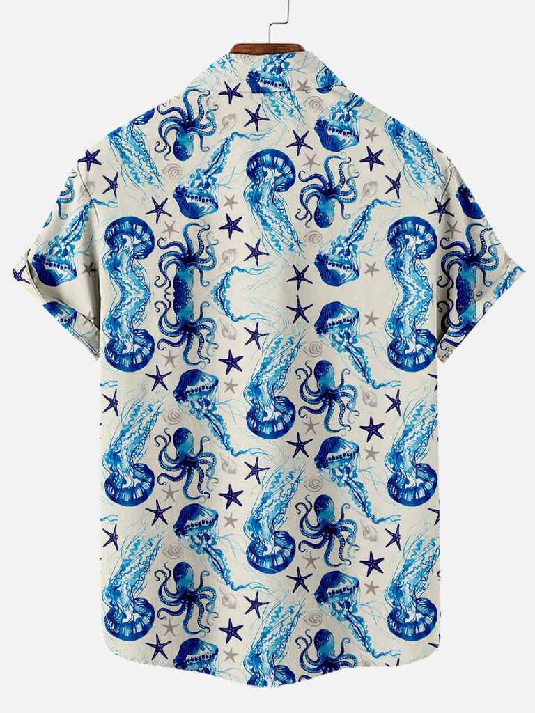 Jellyfish Floral Mosaic Print Lapel Men's Short-sleeved Shirt