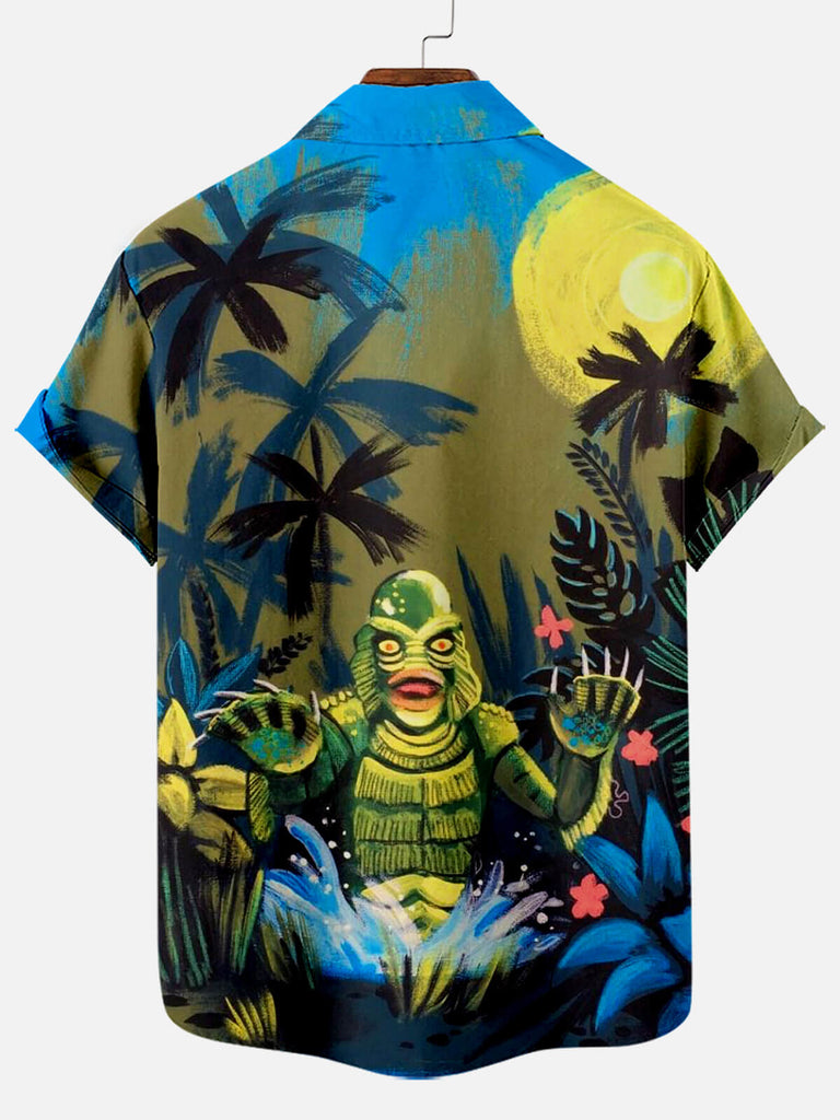 Men's Horror Panel Hawaiian Palm Print Short Sleeve Shirt