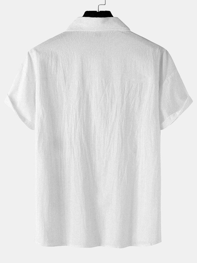 Long Stripe Stitching Plain Color Men's Lapel Short-sleeved Shirt