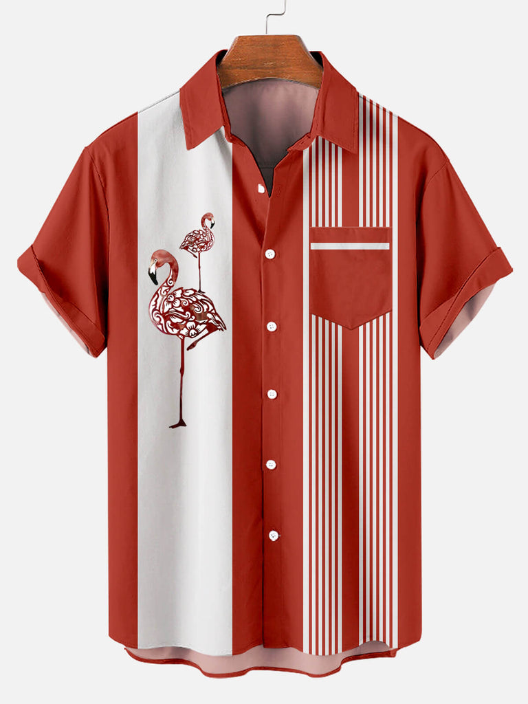 Flamingo Stripe Men's Lapel Skirt Pocket Shirt Red / M