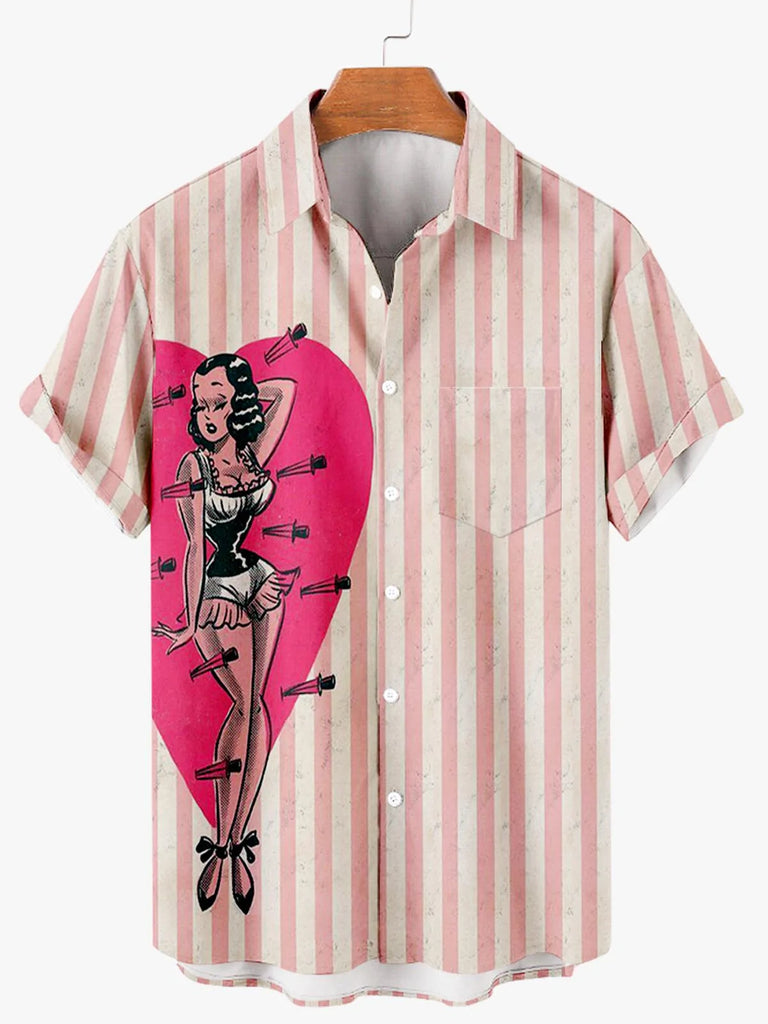 Valentine's Day Love Heart Stripe Print Men's Tops Pink / XL