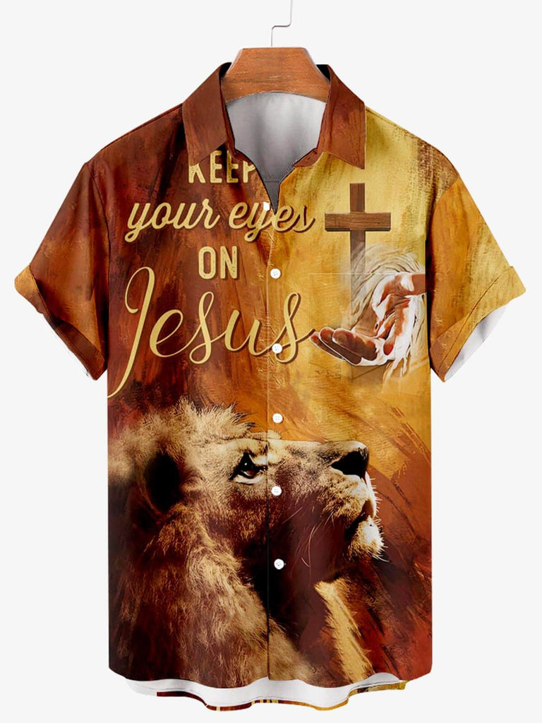 Keep Your Eyes On Jesus Print Men's Shirt Gold / M
