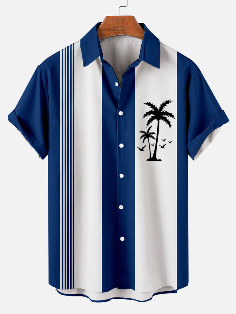 Hawaiian Coconut Tree Pattern Stitching Stripe Plain Printing Lapel Men's Short-sleeved Shirt Blue / M