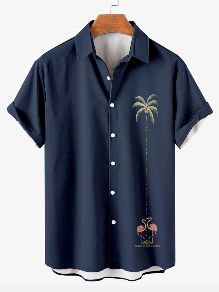 Flamingo Stitching Coconut Tree Hawaiian Men's Short Skirt Shirt Blue / M