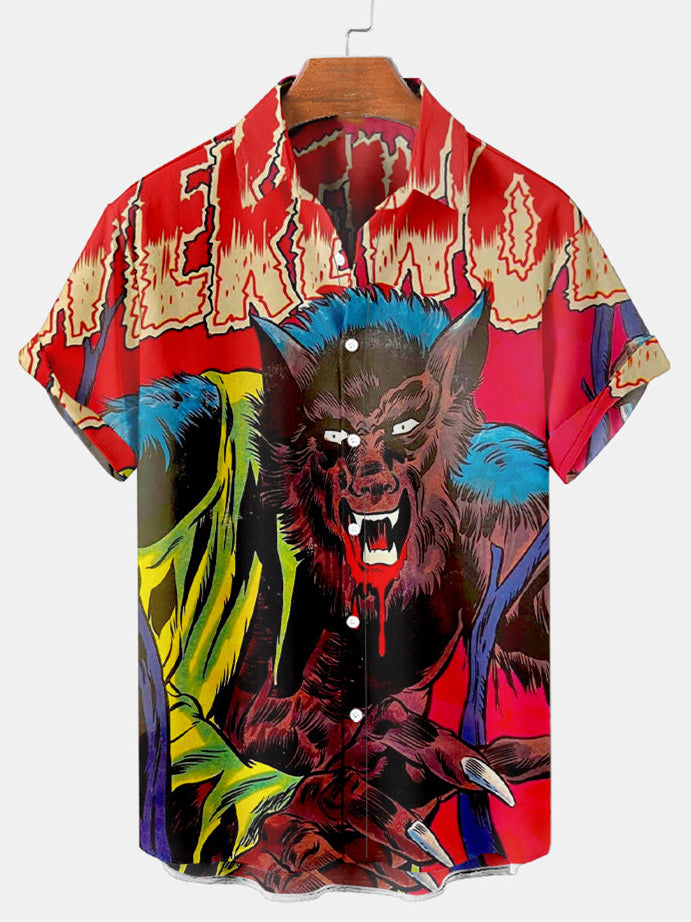 Werewolf Print Men's Short Sleeve Shirt Red / M