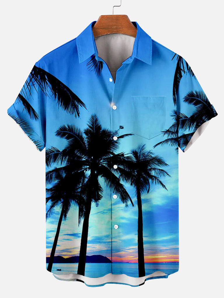 Coconut Tree Hawaiian Sunset Scenery Men's Short Sleeve Shirt Blue / M