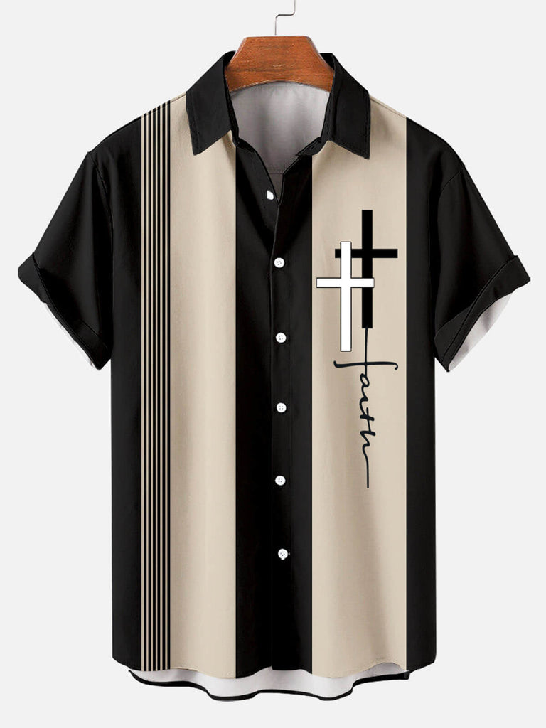 Hawaiian Casual Striped Print Men's Lapel Short-sleeved Shirt Black / M