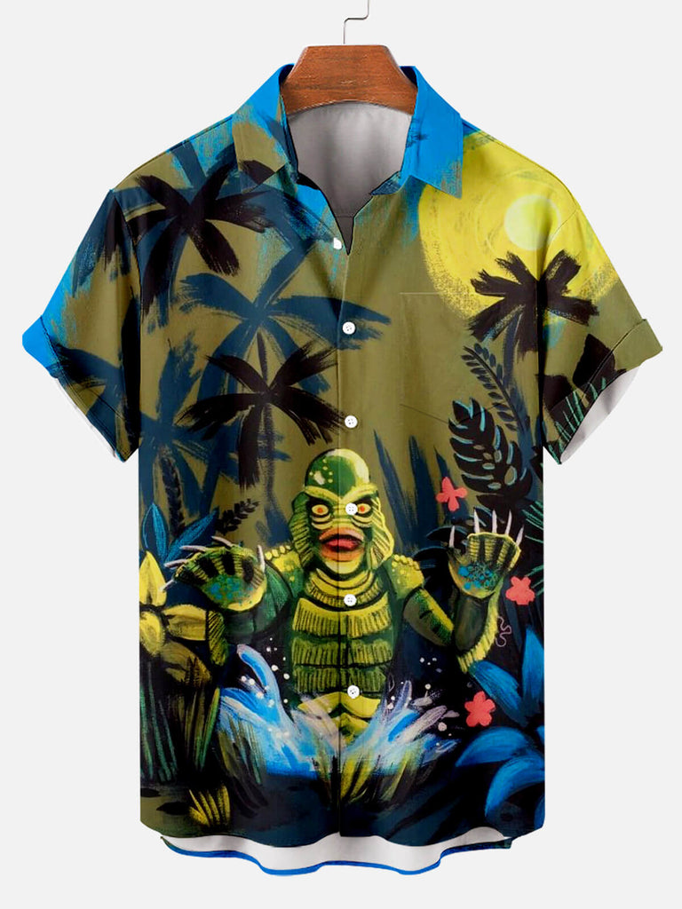 Men's Horror Panel Hawaiian Palm Print Short Sleeve Shirt Tan / M