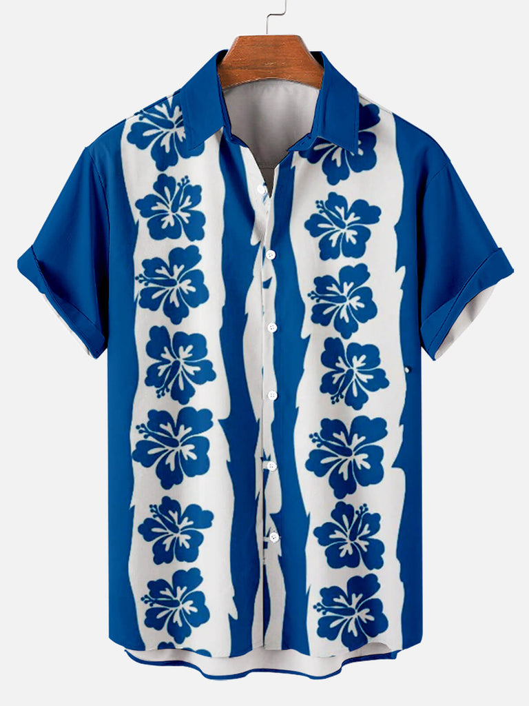 Hibiscus Flower Pattern Men's Short Sleeve Lapel Shirt Blue / M