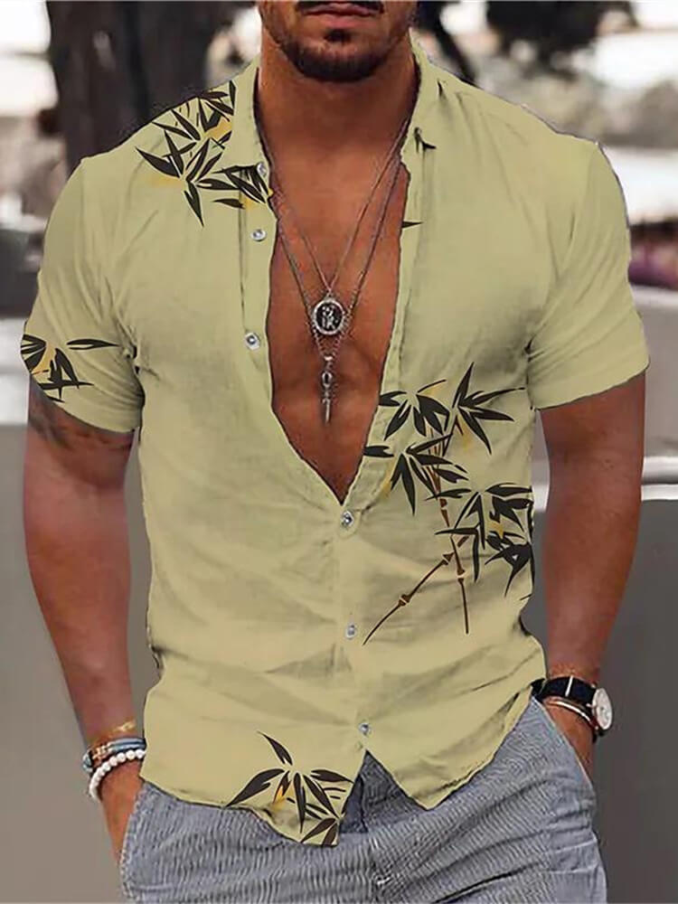 Hawaiian Bamboo Forest Casual Print Men's Lapel Short Sleeve Shirt Beige / M
