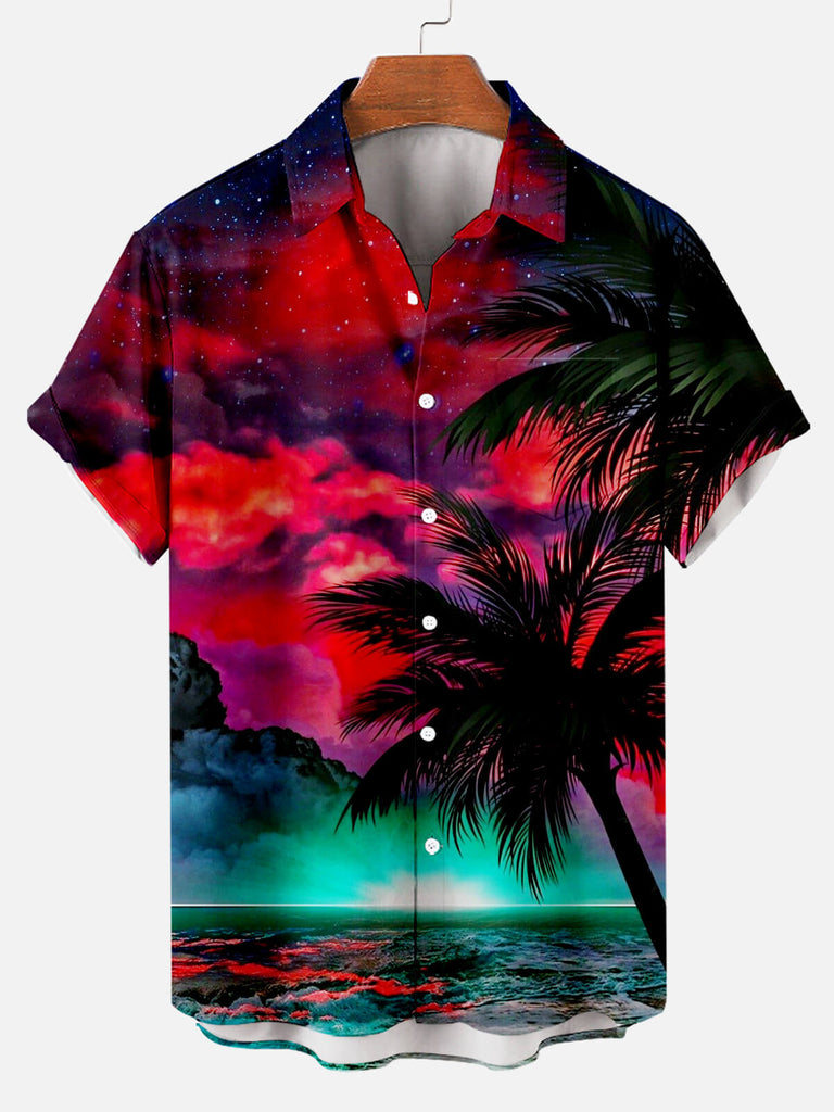 Hawaiian Coconut Tree Star Print Men's Short-sleeved Lapel Shirt Red / M