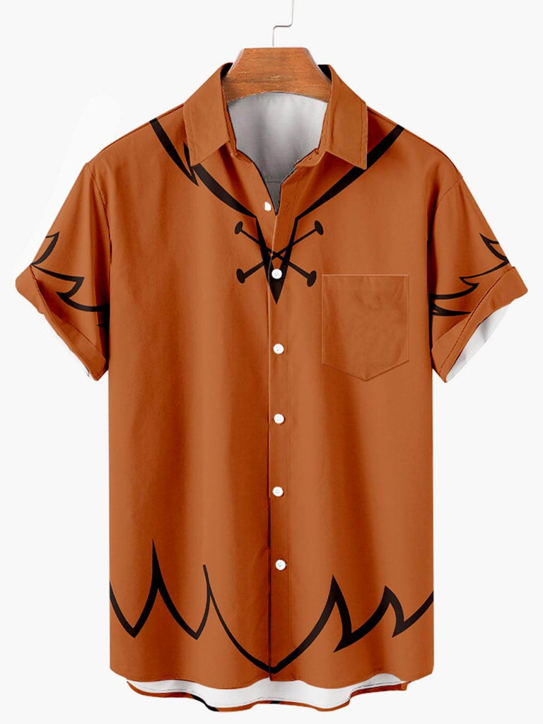 Men's Nostalgic Movie Fun Print Short-sleeved Shirt Brown / M