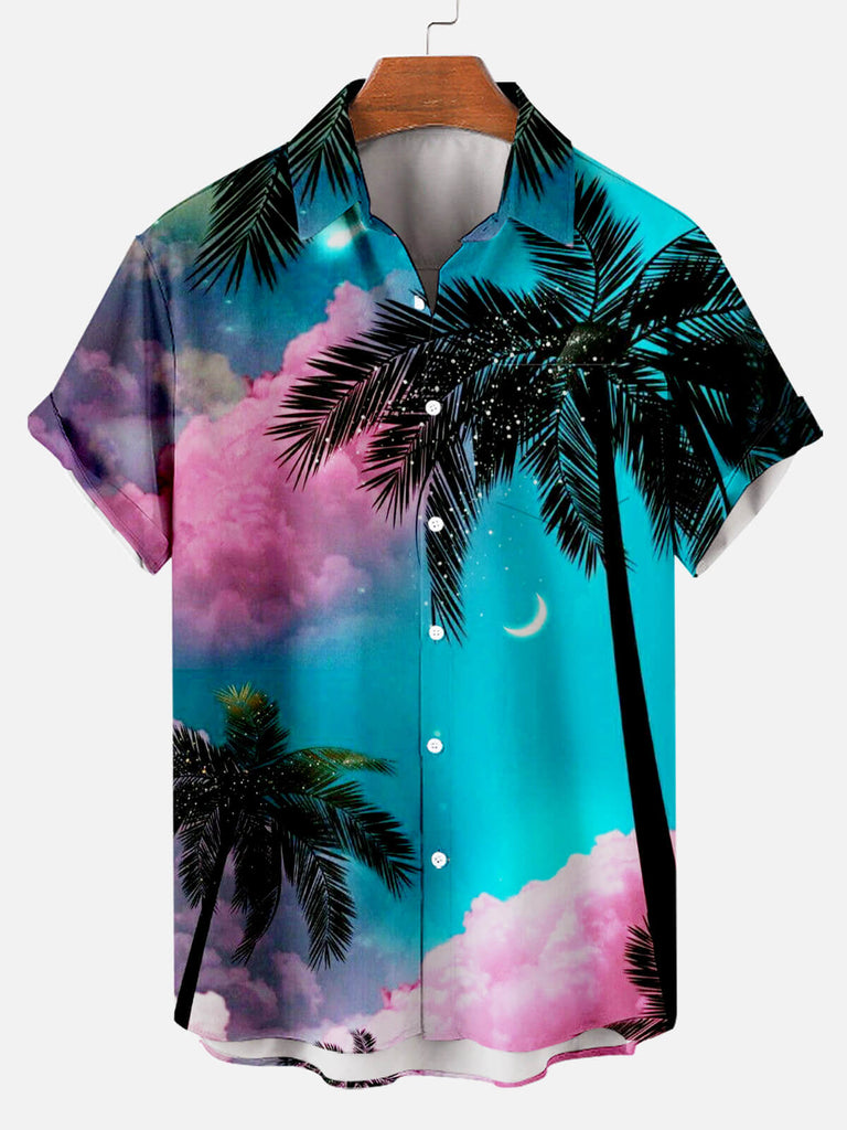 Hawaiian Palm Pattern Men's Short Sleeve Lapel Shirt Blue / M