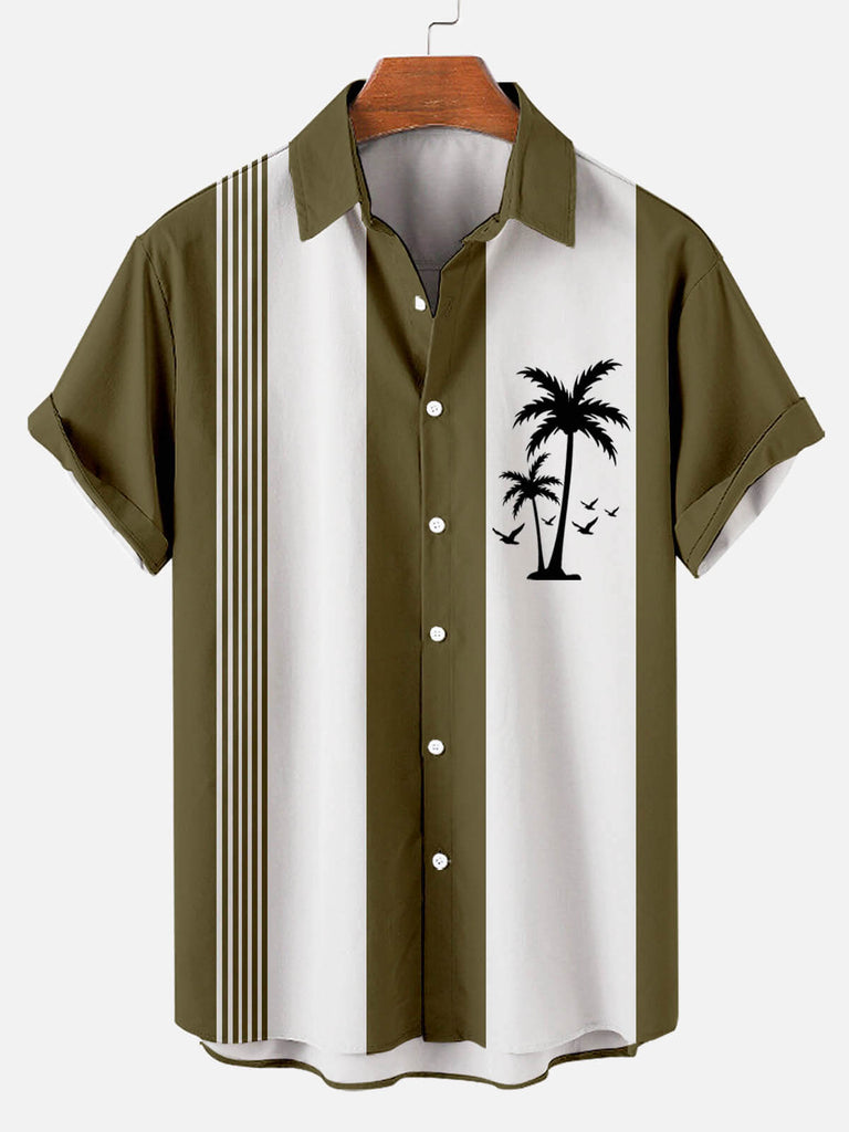 Hawaiian Coconut Tree Pattern Stitching Stripe Plain Printing Lapel Men's Short-sleeved Shirt Green / M