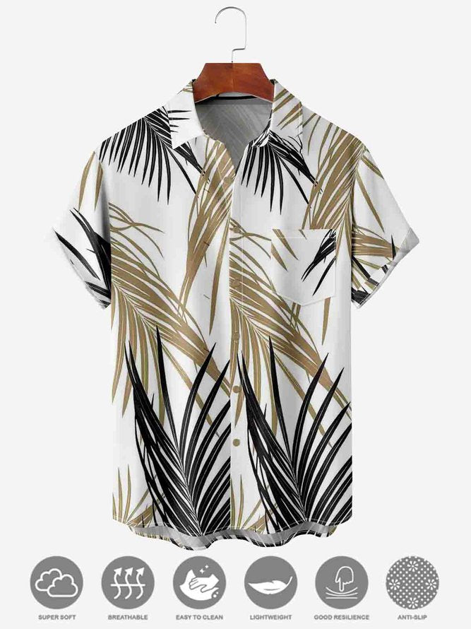 Men's Leaf Print Moisture Wicking Fabric Trendy Lapel Short Sleeve Shirt White / M