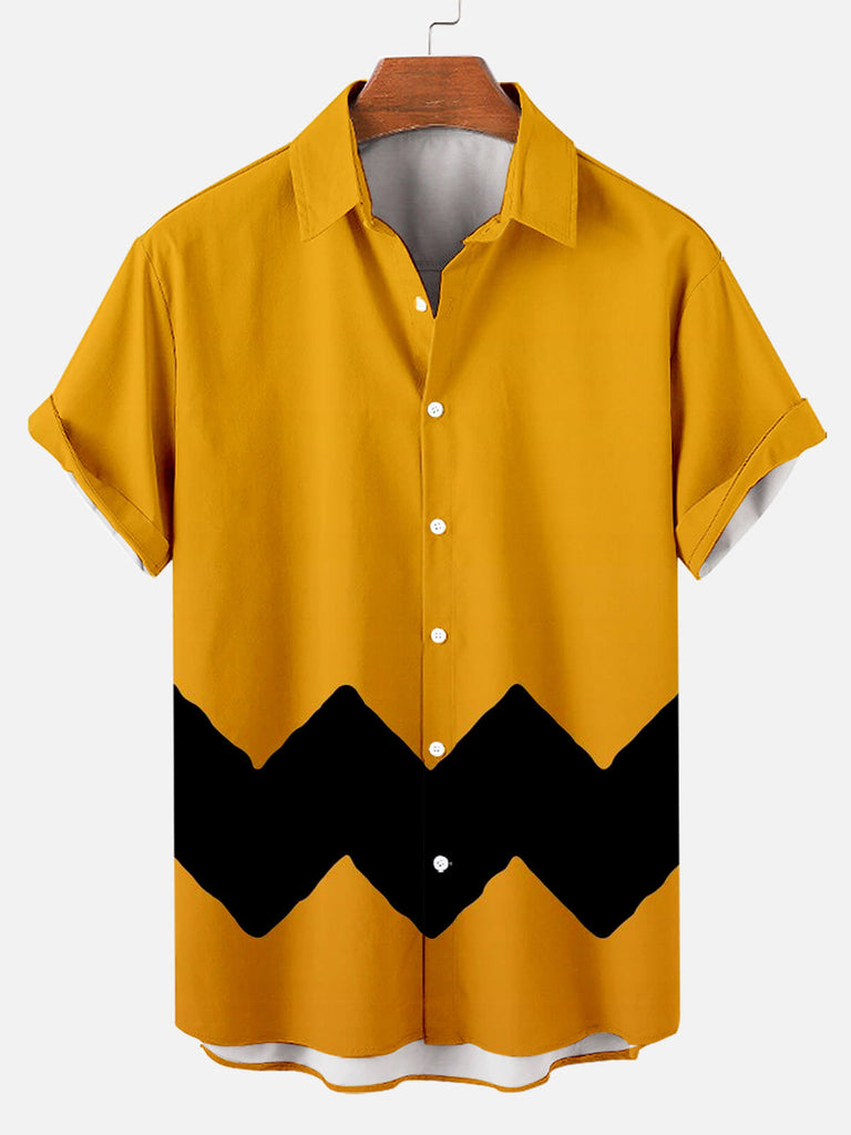 Cartoon Pattern Printing Men's Short-sleeved Lapel Shirt Orange / M
