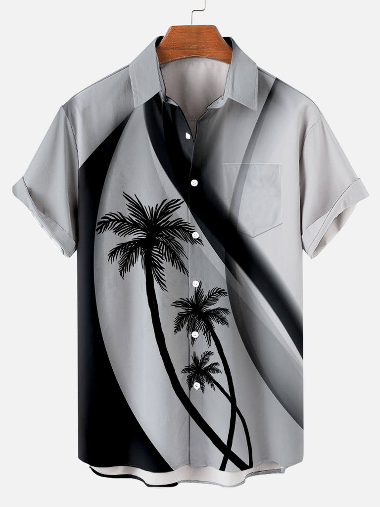 Coconut Print Hawaiian Lapel Oversized Short Sleeve Shirt Grey / M