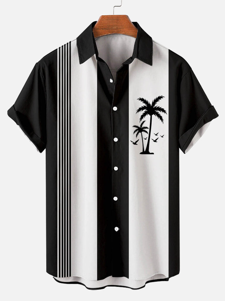 Hawaiian Coconut Tree Pattern Stitching Stripe Plain Printing Lapel Men's Short-sleeved Shirt Black / M