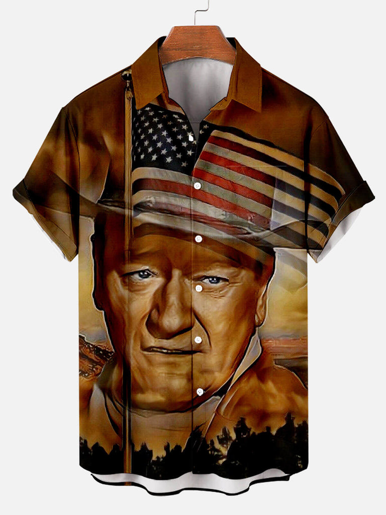 Independence Day Stitching Western Cowboy Nostalgic Print Men's Short Sleeve Shirt Brown / M